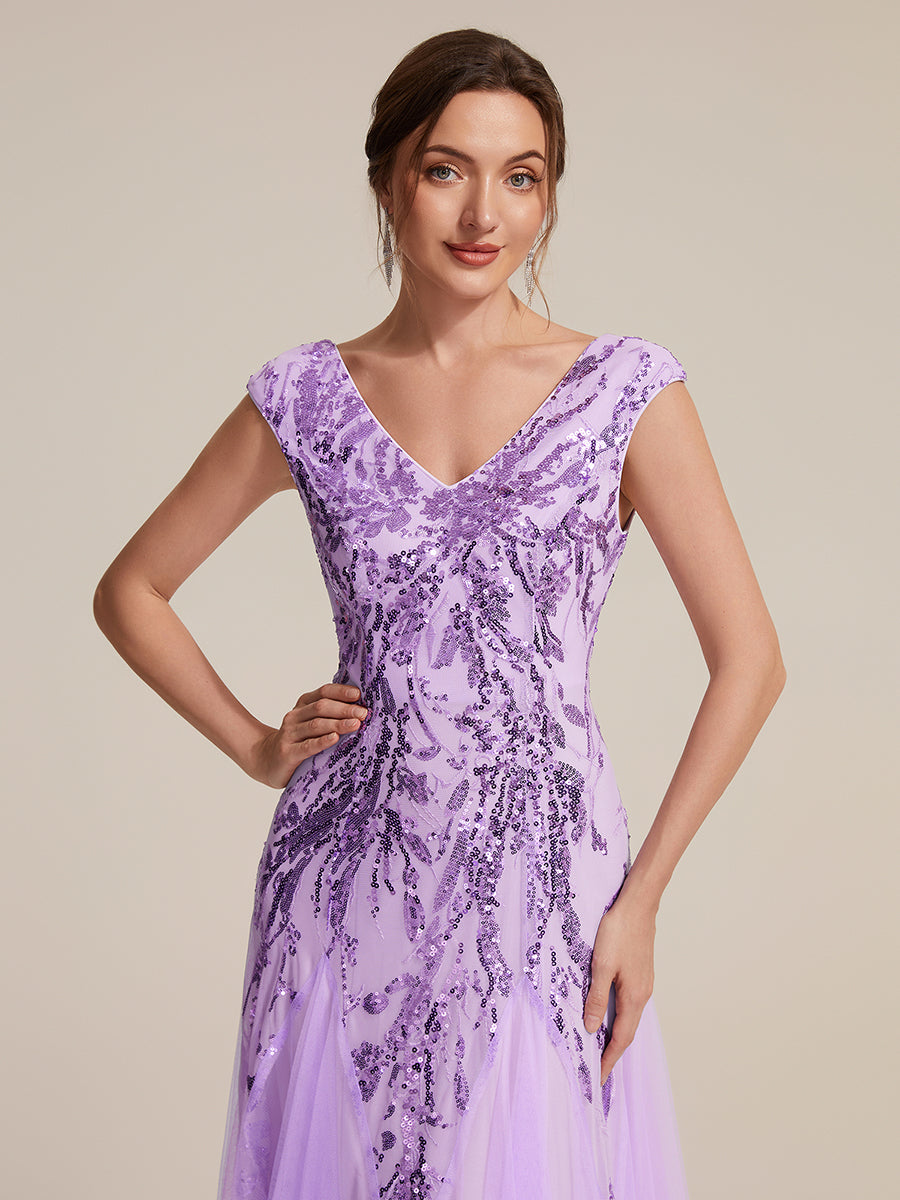 Glitter Embroidered Cap Sleeve High Stretch Mother of the Bride Dress #color_Frosted Lilac