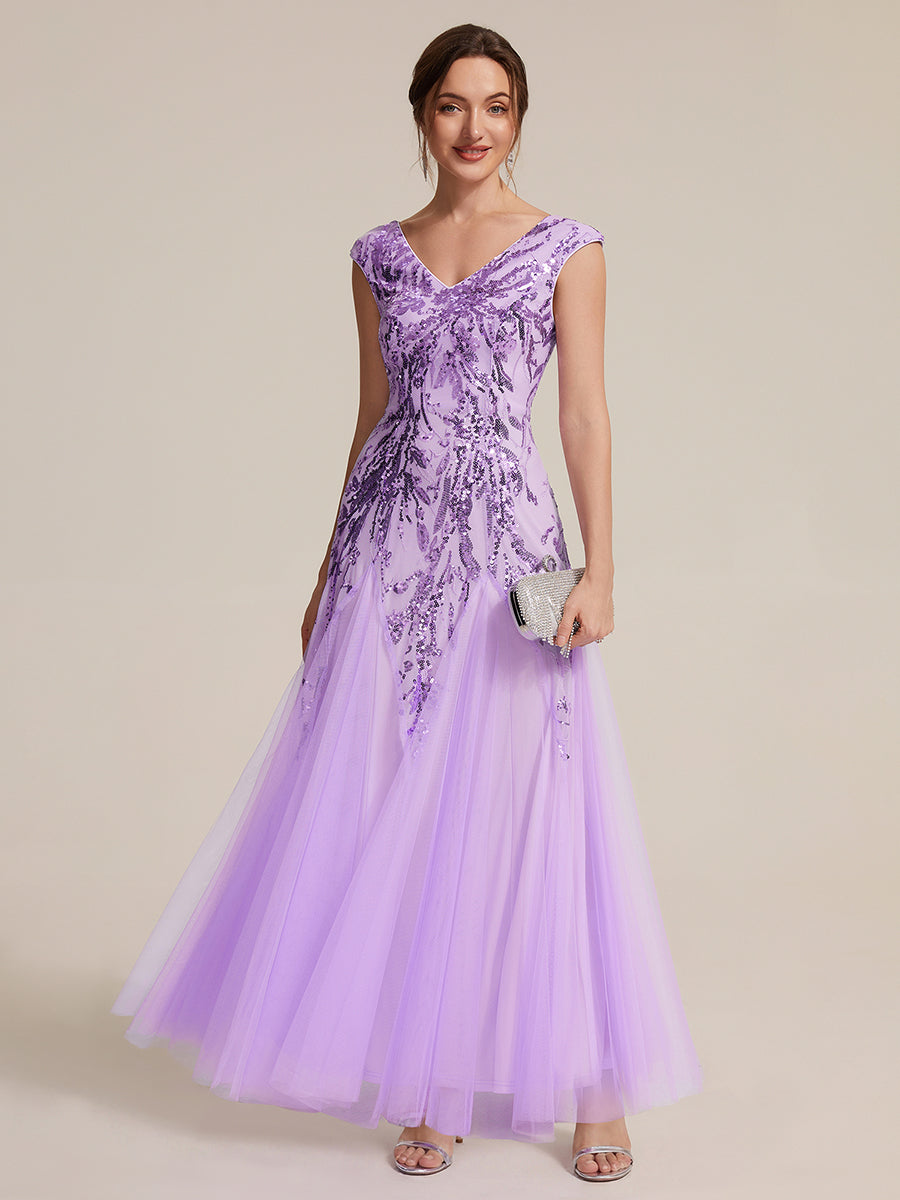 Glitter Embroidered Cap Sleeve High Stretch Mother of the Bride Dress #color_Frosted Lilac