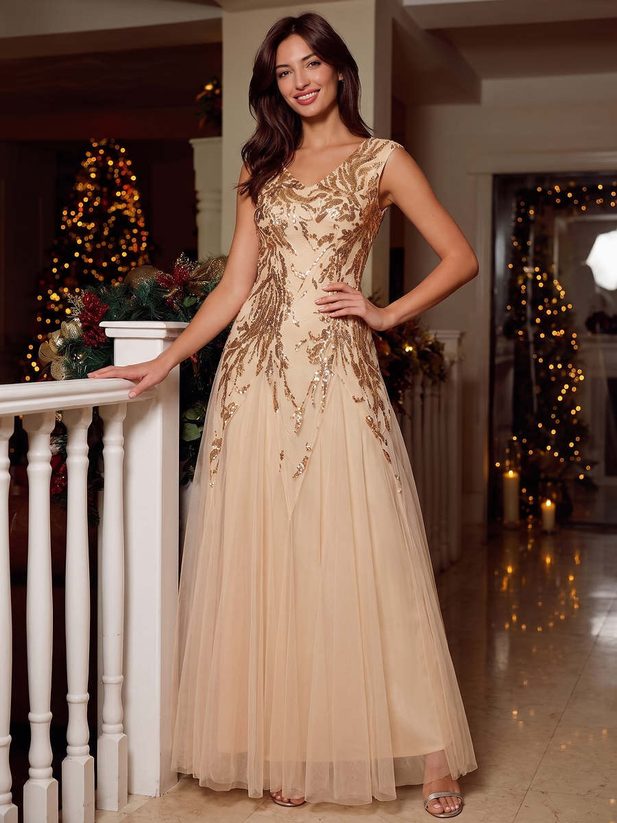 Glitter Embroidered Cap Sleeve High Stretch Mother of the Bride Dress #color_Gold