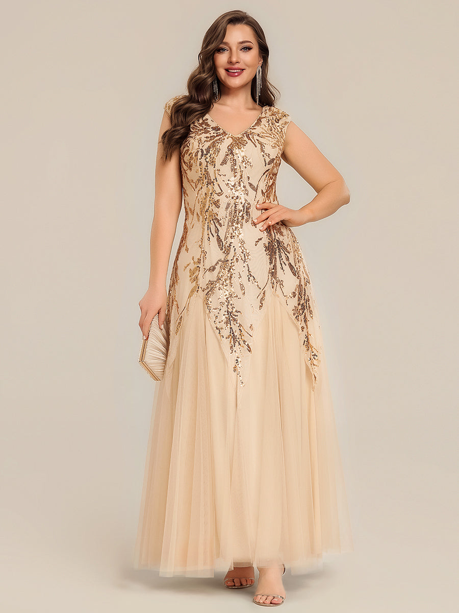 Embroidered Sequin Cap Sleeve Evening Dress #color_Gold