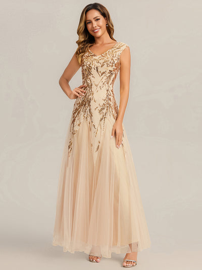Embroidered Sequin Cap Sleeve Evening Dress #color_Gold