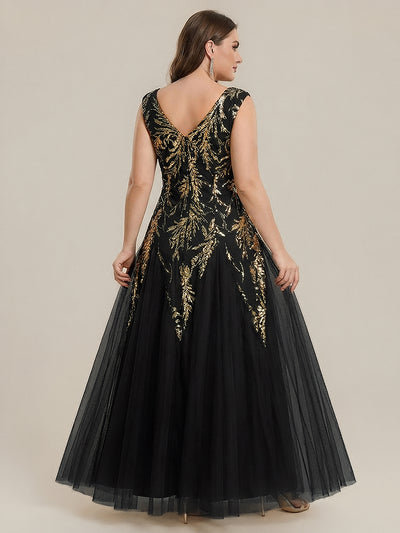 Plus Size Glitter High Stretch Cap Sleeve Tulle Mother of the Bride Dress #color_Black & Gold