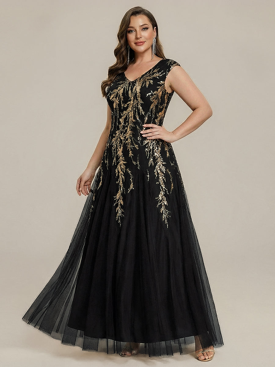 Plus Size Glitter High Stretch Cap Sleeve Tulle Mother of the Bride Dress #color_Black & Gold