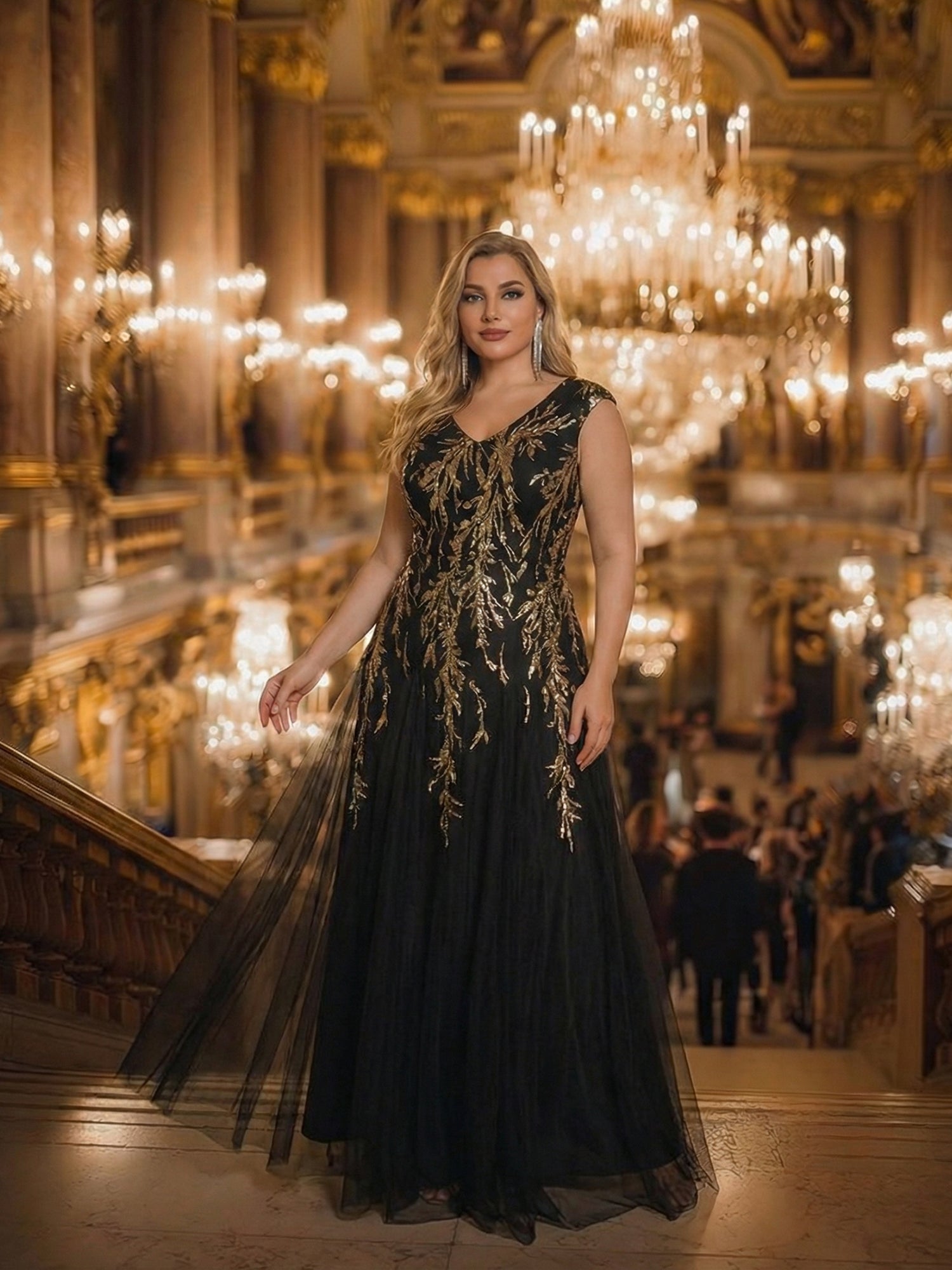 Plus Size Glitter High Stretch Cap Sleeve Tulle Mother of the Bride Dress #color_Black & Gold
