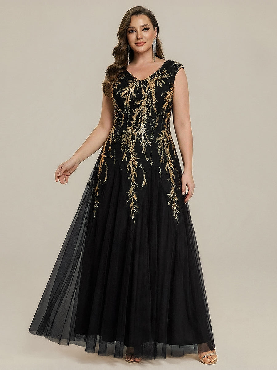 Plus Size Glitter High Stretch Cap Sleeve Tulle Mother of the Bride Dress #color_Black & Gold