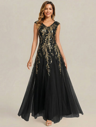 ever FREYA|Embroidered Sequin Cap Sleeve High Stretch Evening Dress