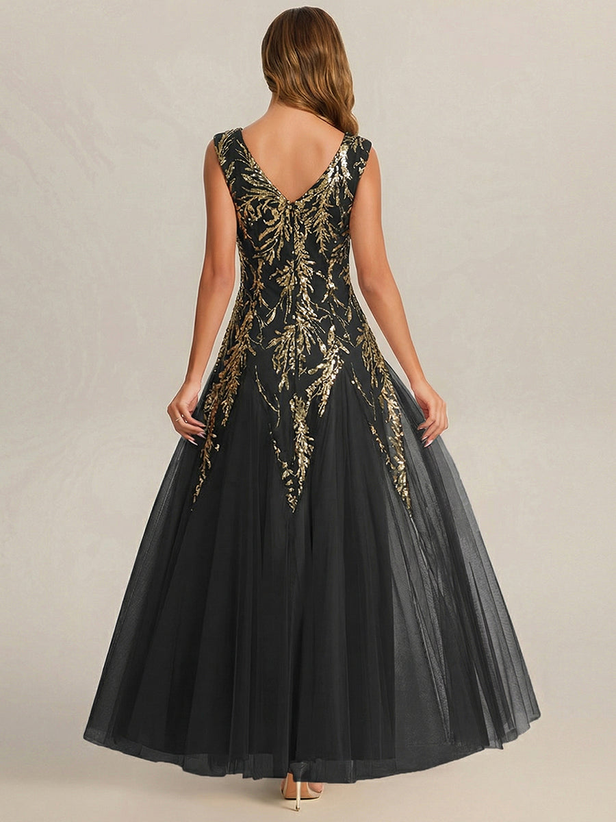 Glitter Embroidered Cap Sleeve High Stretch Mother of the Bride Dress #color_Black & Gold