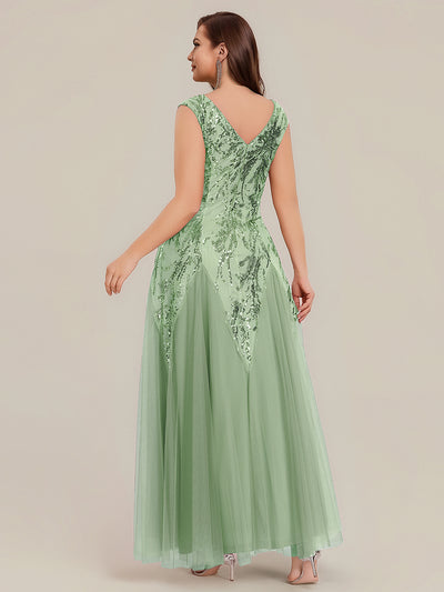 Plus Size Glitter High Stretch Cap Sleeve Tulle Mother of the Bride Dress #color_Mint Green