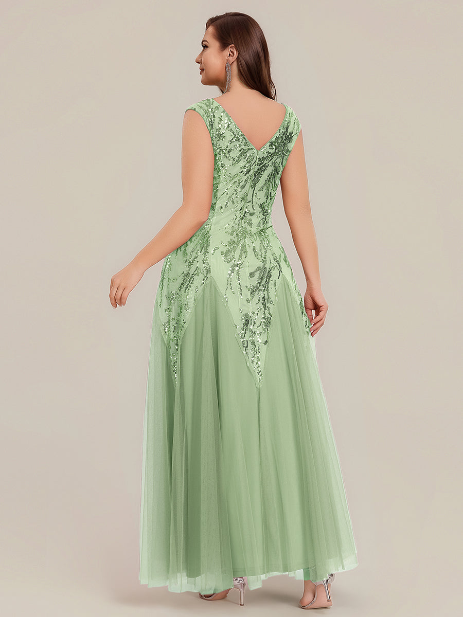Plus Size Sequin V Neck Cap Sleeve Tulle Formal Evening Dress #color_Mint Green