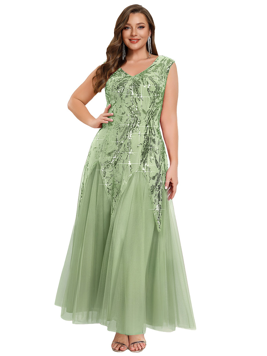 Plus Size Sequin V Neck Cap Sleeve Tulle Formal Evening Dress #color_Mint Green