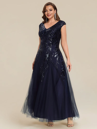 pretty FREYA|Plus Size V-Neck Sequin High Stretch Cap Sleeve Tulle Formal Dress