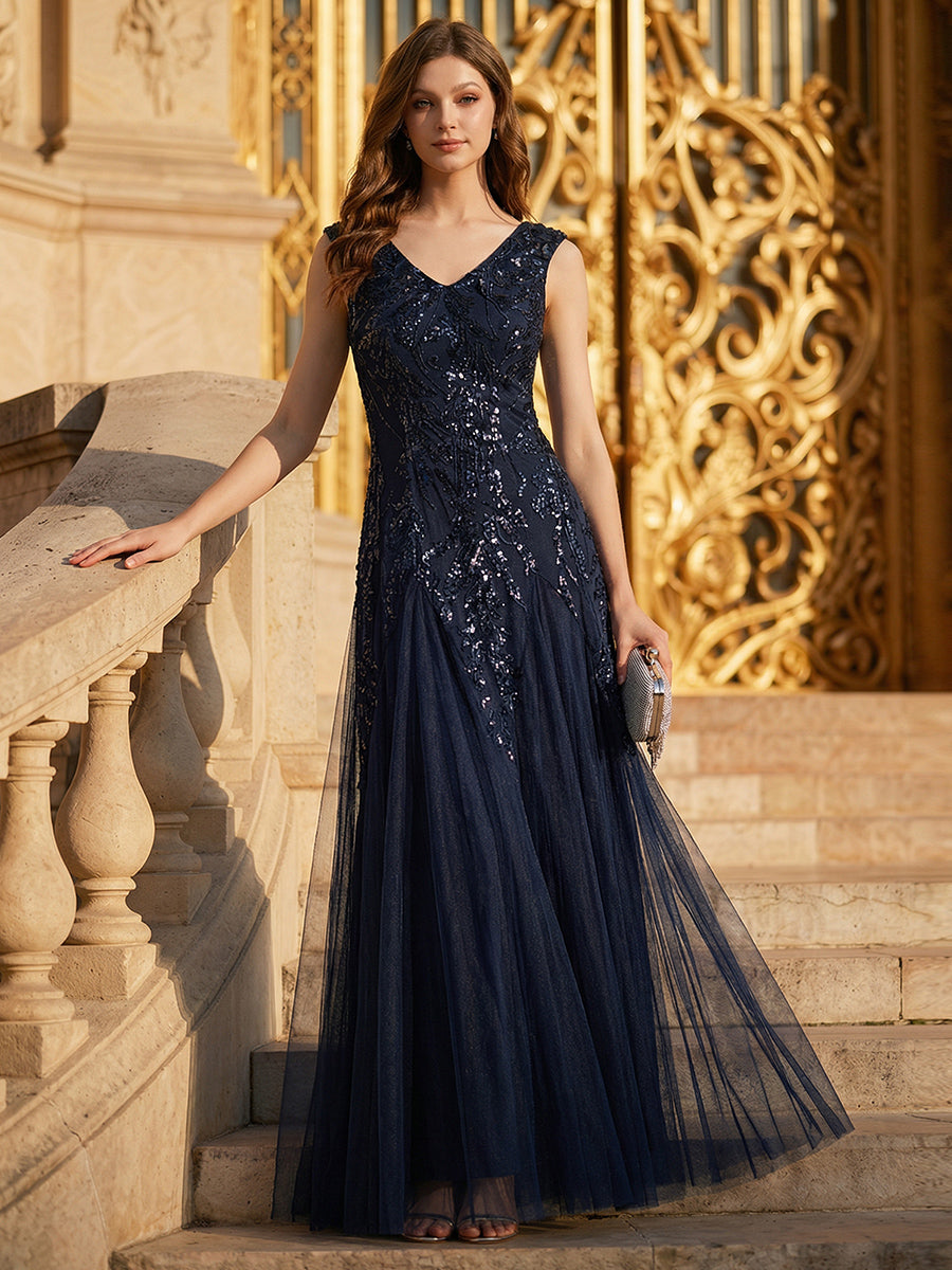 Embroidered Sequin Cap Sleeve Evening Dress #color_Black