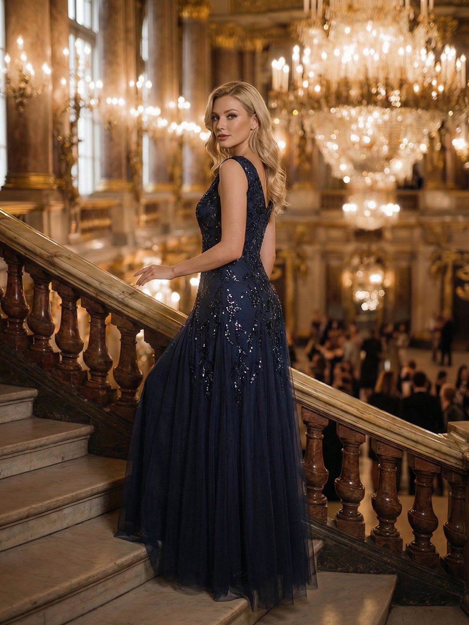 Glitter Embroidered Cap Sleeve High Stretch Mother of the Bride Dress #color_Navy Blue