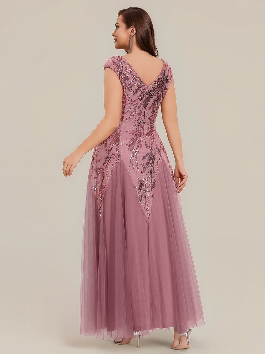 Embroidered Sequin Cap Sleeve Evening Dress #color_Purple Orchid