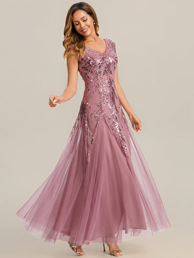 Embroidered Sequin Cap Sleeve Evening Dress #color_Purple Orchid