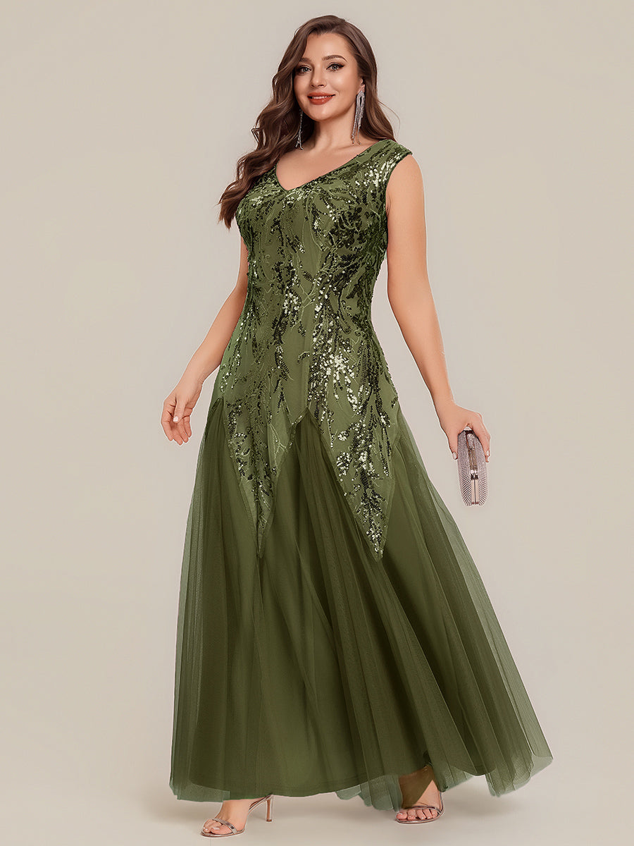 Plus Size Sequin V Neck Cap Sleeve Tulle Formal Evening Dress #color_Olive Green