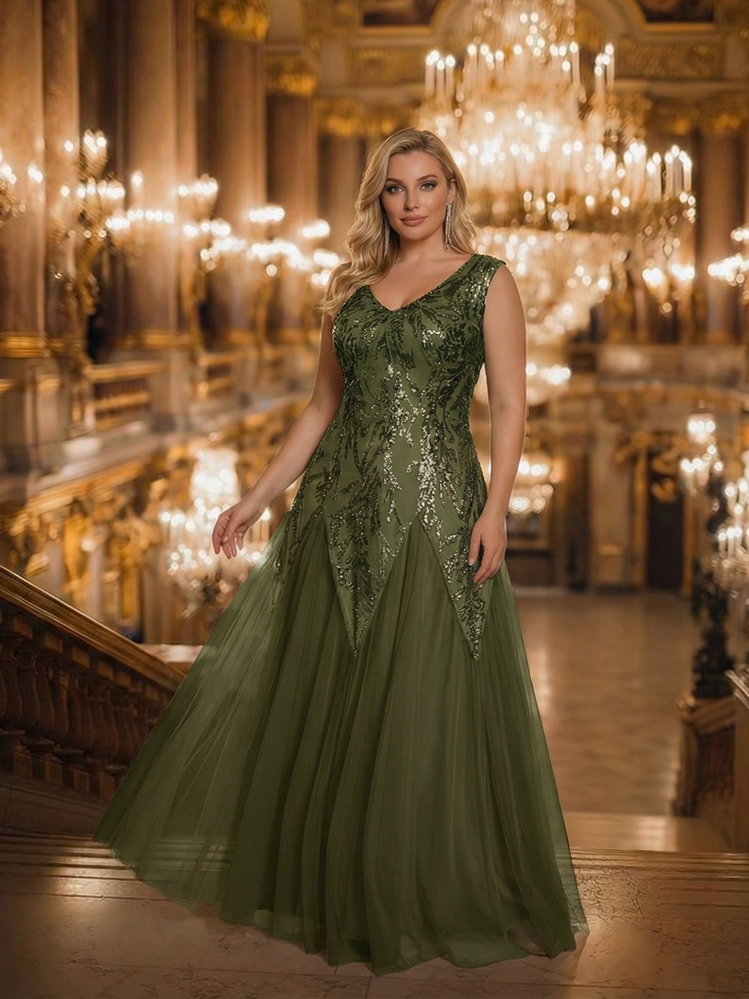 Plus Size Sequin V Neck Cap Sleeve Tulle Formal Evening Dress #color_Olive Green