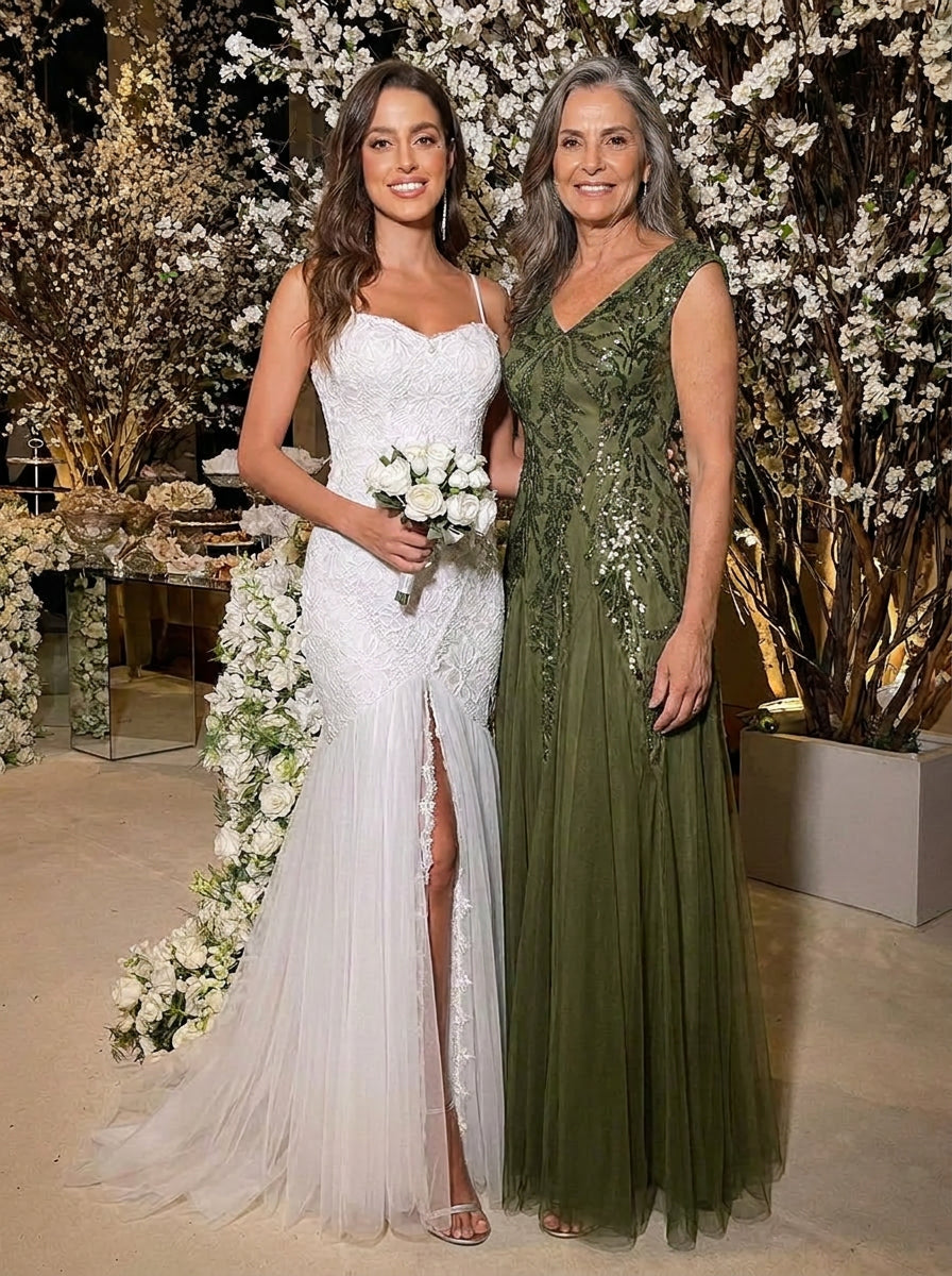 Glitter Embroidered Cap Sleeve High Stretch Mother of the Bride Dress #color_Olive Green