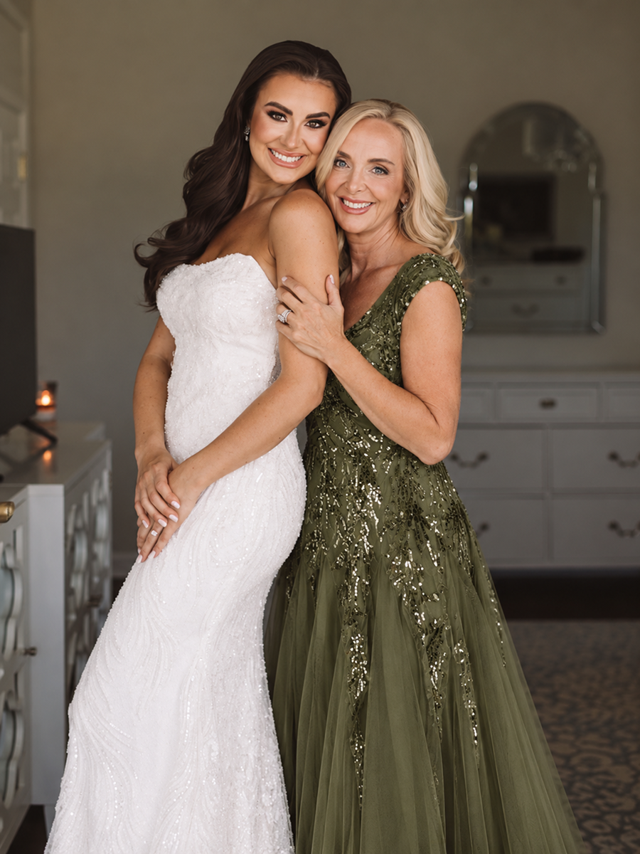 Glitter Embroidered Cap Sleeve High Stretch Mother of the Bride Dress #color_Olive Green
