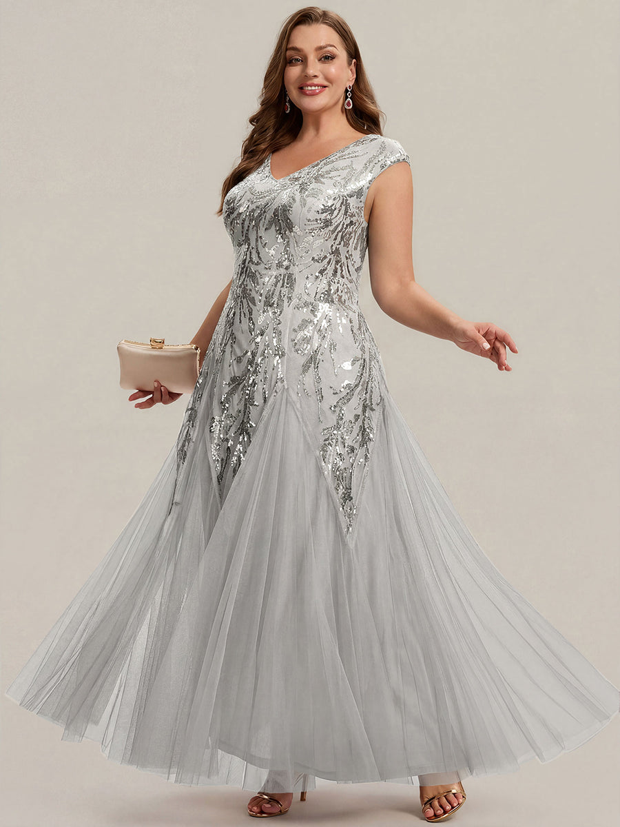 Plus Size Glitter High Stretch Cap Sleeve Tulle Mother of the Bride Dress #color_Silver