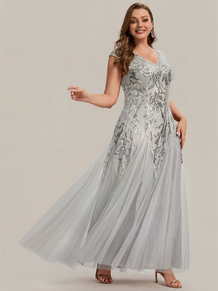 Plus Size Glitter High Stretch Cap Sleeve Tulle Mother of the Bride Dress #color_Silver
