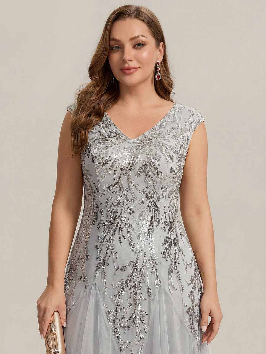Glitter Embroidered Cap Sleeve High Stretch Mother of the Bride Dress #color_Silver