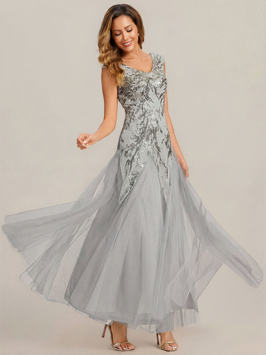 Glitter Embroidered Cap Sleeve High Stretch Mother of the Bride Dress #color_Silver