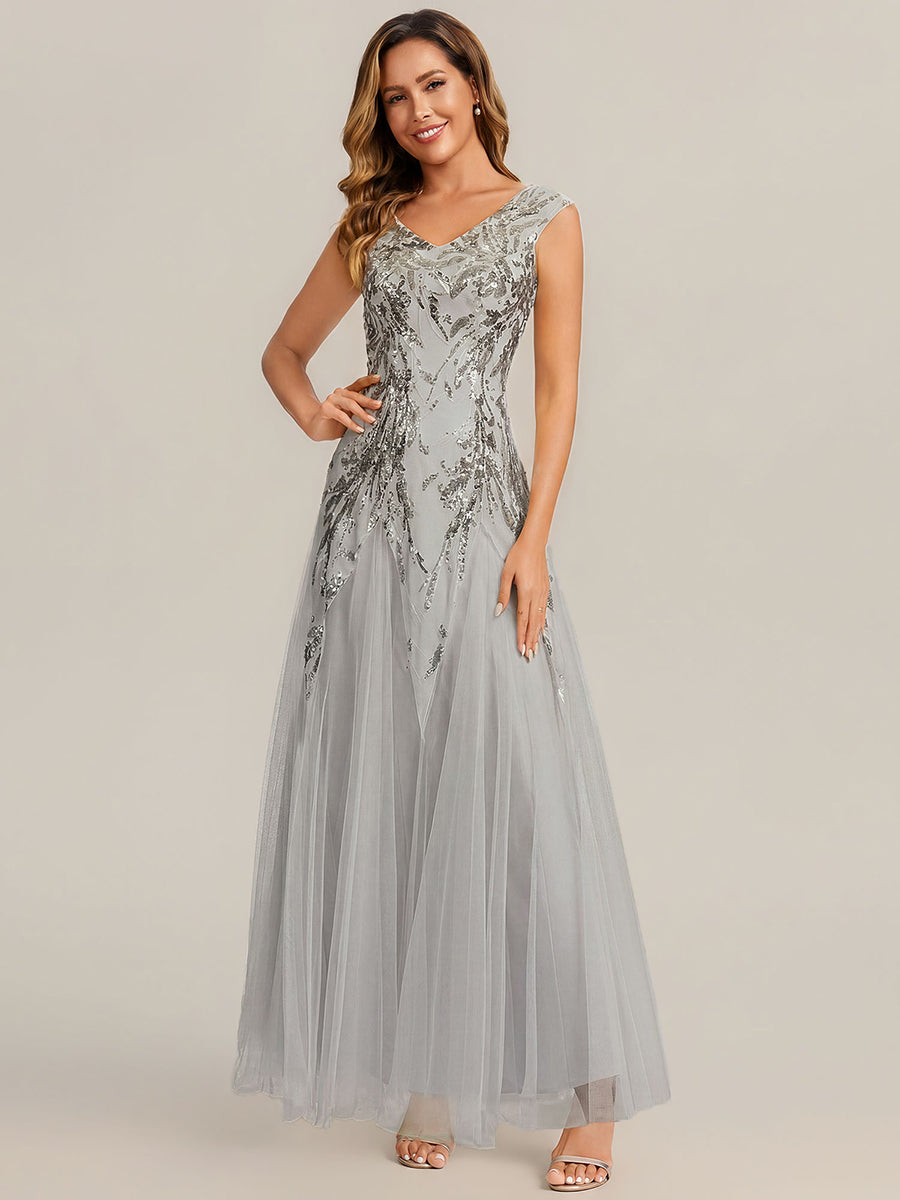 Glitter Embroidered Cap Sleeve High Stretch Mother of the Bride Dress #color_Silver
