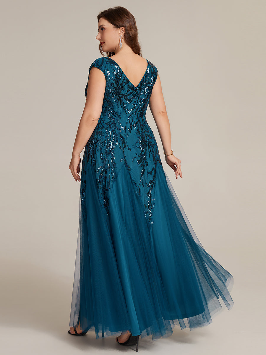 Plus Size Glitter High Stretch Cap Sleeve Tulle Mother of the Bride Dress #color_Teal