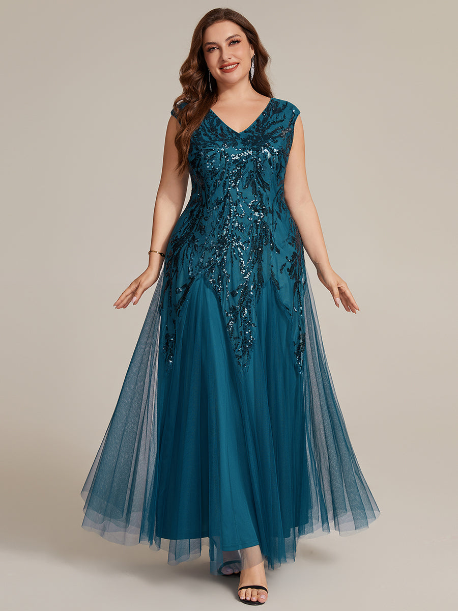 Glitter Embroidered Cap Sleeve High Stretch Mother of the Bride Dress #color_Teal