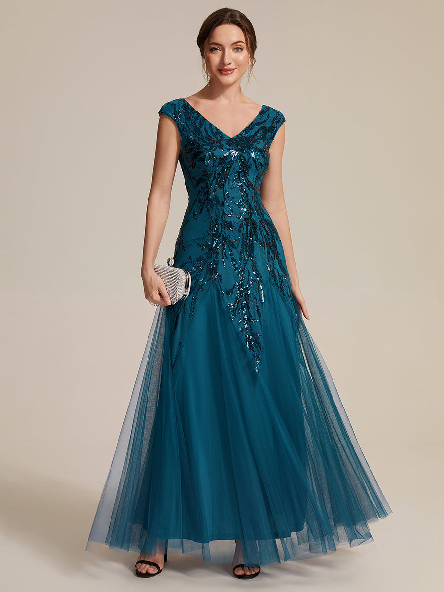 Glitter Embroidered Cap Sleeve High Stretch Mother of the Bride Dress #color_Teal
