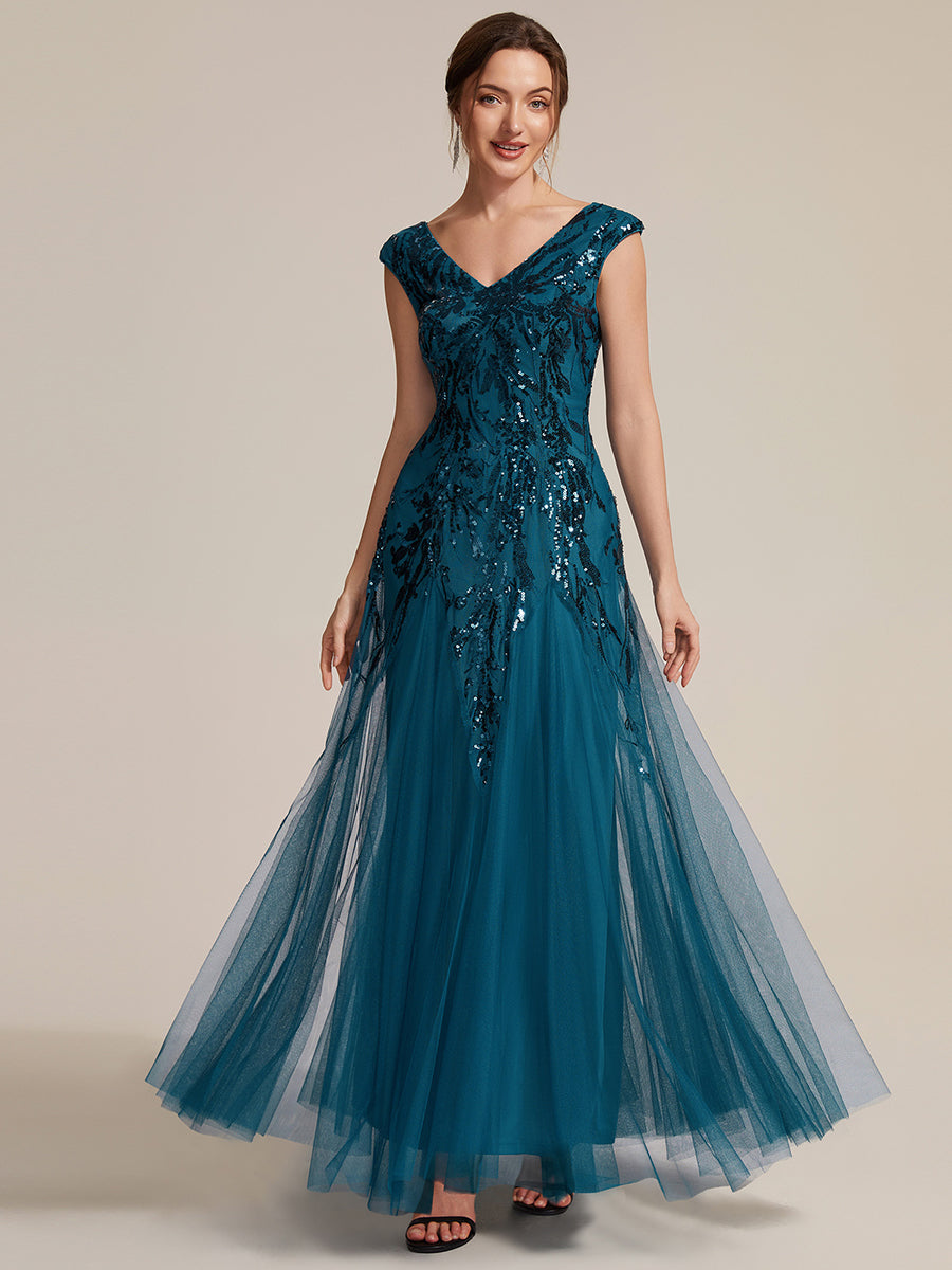 Glitter Embroidered Cap Sleeve High Stretch Mother of the Bride Dress #color_Teal