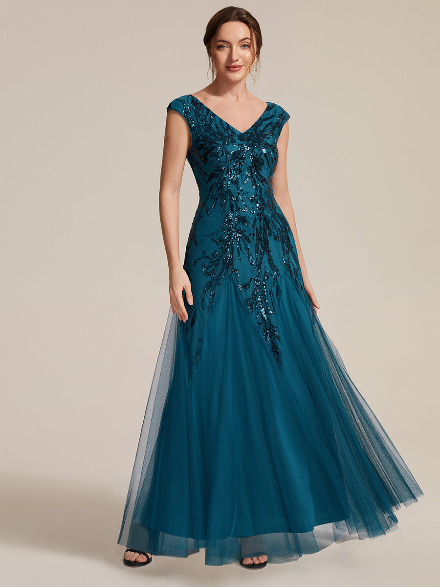 Glitter Embroidered Cap Sleeve High Stretch Mother of the Bride Dress #color_Teal
