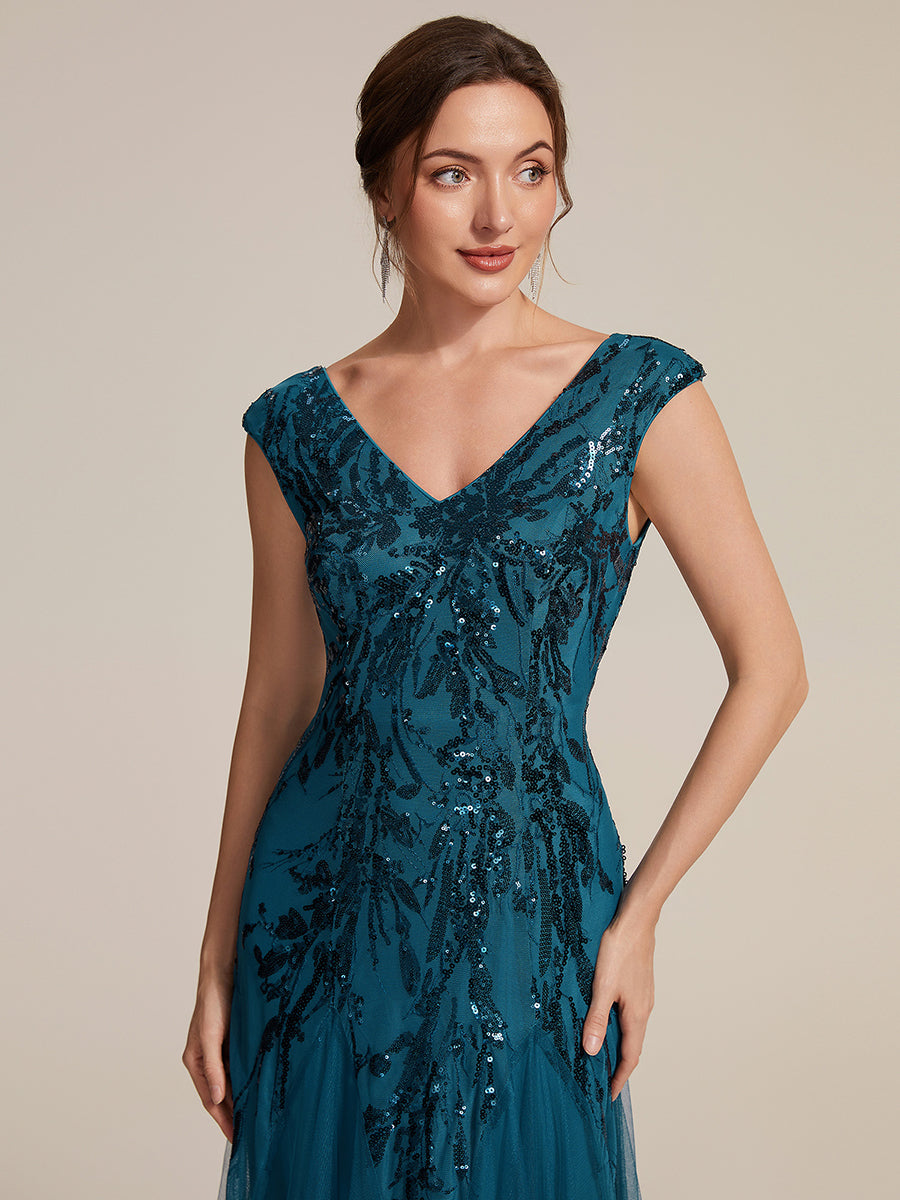 Glitter Embroidered Cap Sleeve High Stretch Mother of the Bride Dress #color_Teal