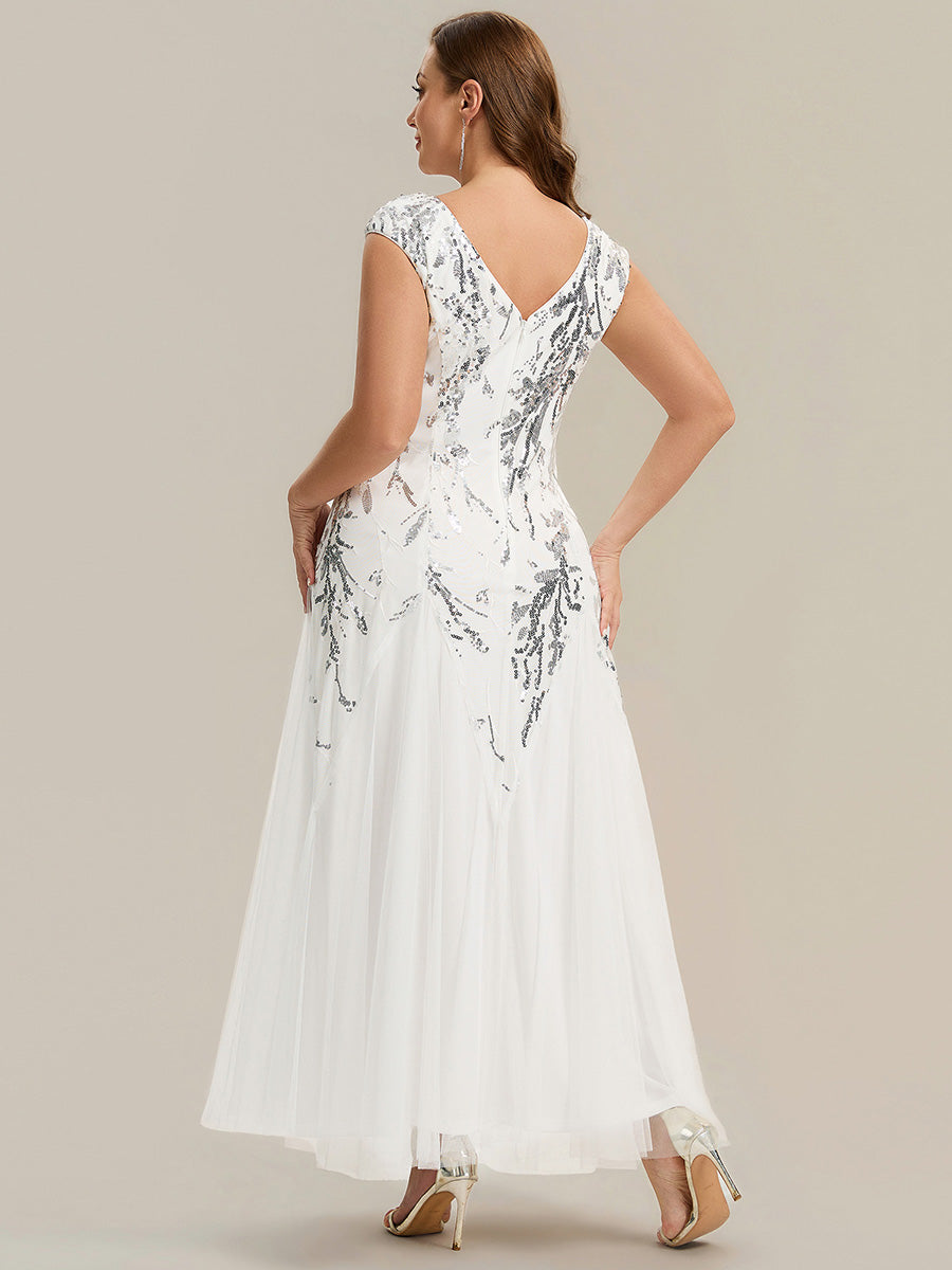 Plus Size Glitter High Stretch Cap Sleeve Tulle Mother of the Bride Dress #color_White