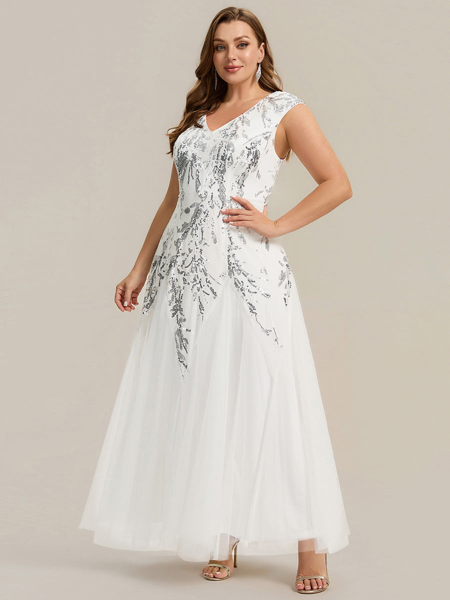 Plus Size Glitter High Stretch Cap Sleeve Tulle Mother of the Bride Dress #color_White