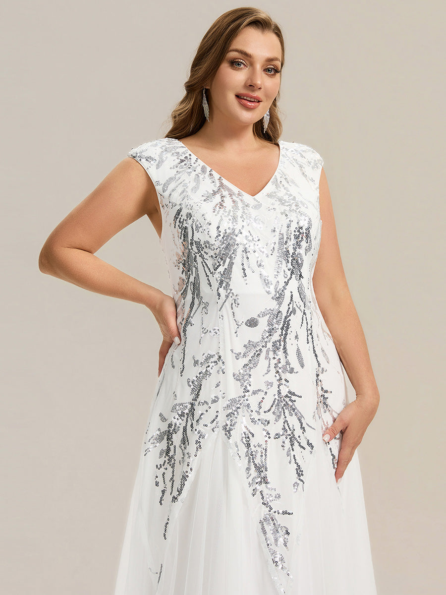 Plus Size Glitter High Stretch Cap Sleeve Tulle Mother of the Bride Dress #color_White