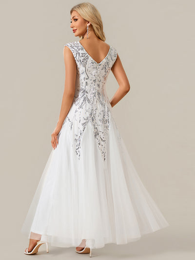 Glitter Embroidered Cap Sleeve High Stretch Mother of the Bride Dress #color_White
