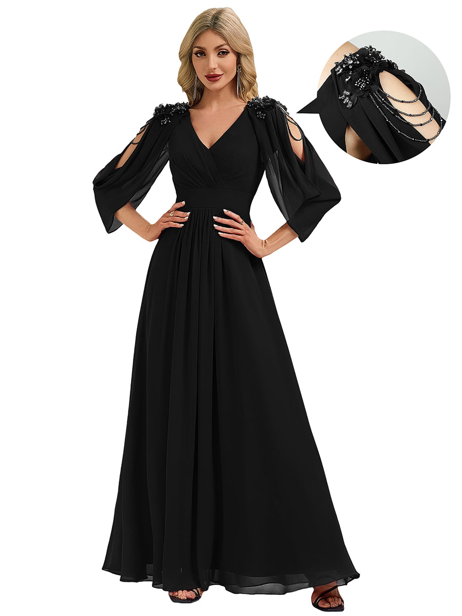 Floral Chiffon Shoulder-Drape Evening Dress #color_Black