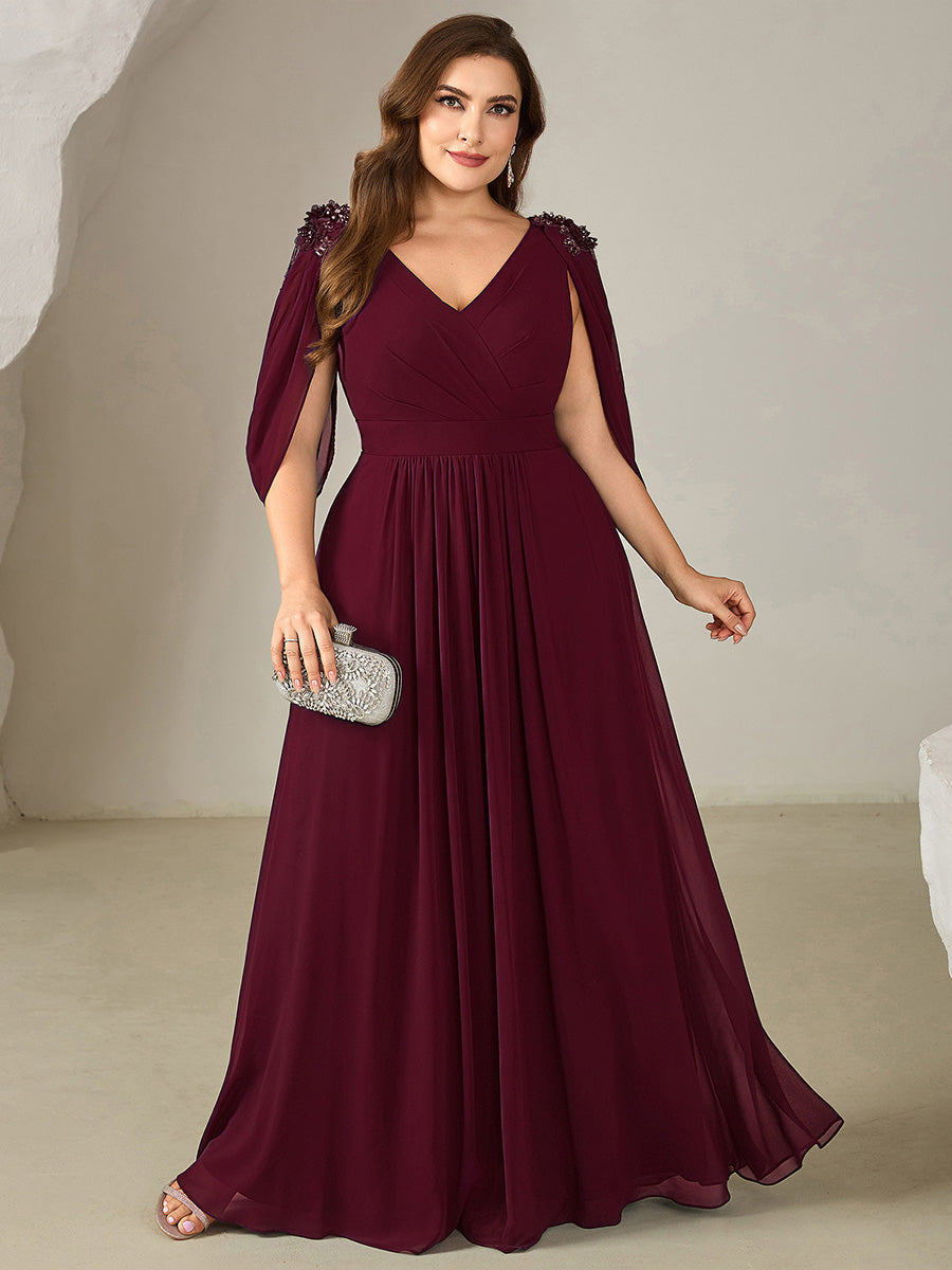 Floral Chiffon Shoulder-Drape Evening Dress #color_Burgundy
