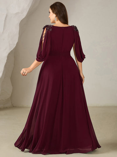 Plus Size Floral Chiffon See-Through Sleeve Evening Dress #color_Burgundy