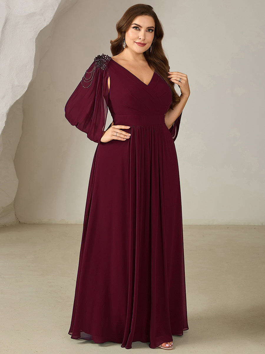 Floral Chiffon Shoulder-Drape Evening Dress #color_Burgundy
