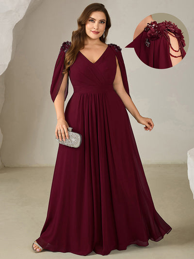 Plus Size Floral Chiffon See-Through Sleeve Evening Dress #color_Burgundy