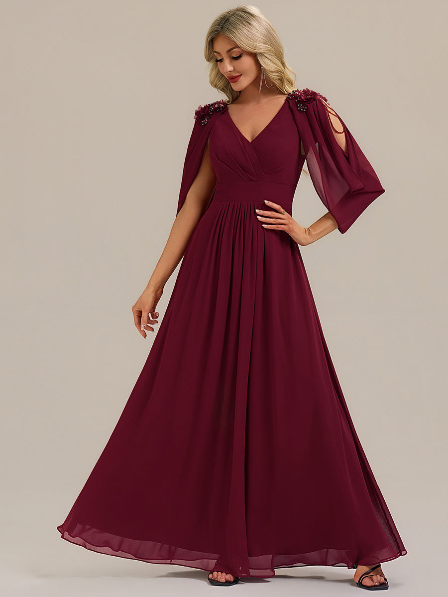 Floral Chiffon Shoulder-Drape Evening Dress #color_Burgundy