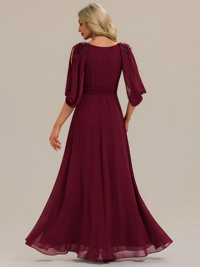 Floral Chiffon Shoulder-Drape Evening Dress #color_Burgundy