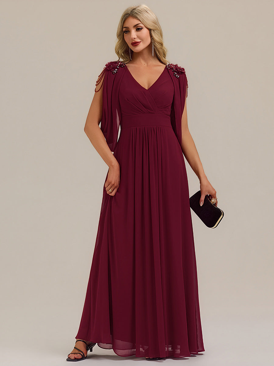 Floral Chiffon Shoulder-Drape Evening Dress #color_Burgundy