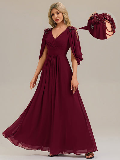 Floral Chiffon Shoulder-Drape Evening Dress #color_Burgundy