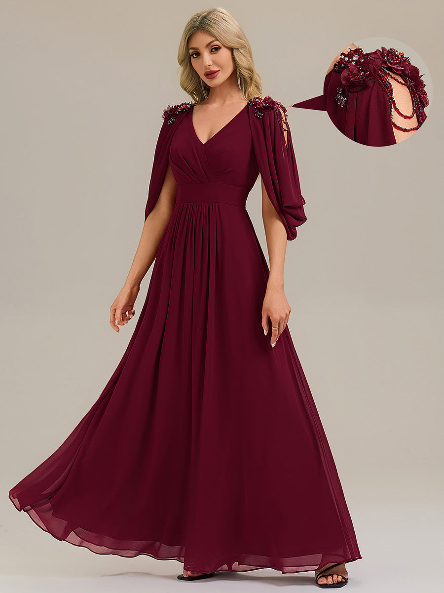 Floral Chiffon Shoulder-Drape Evening Dress #color_Burgundy