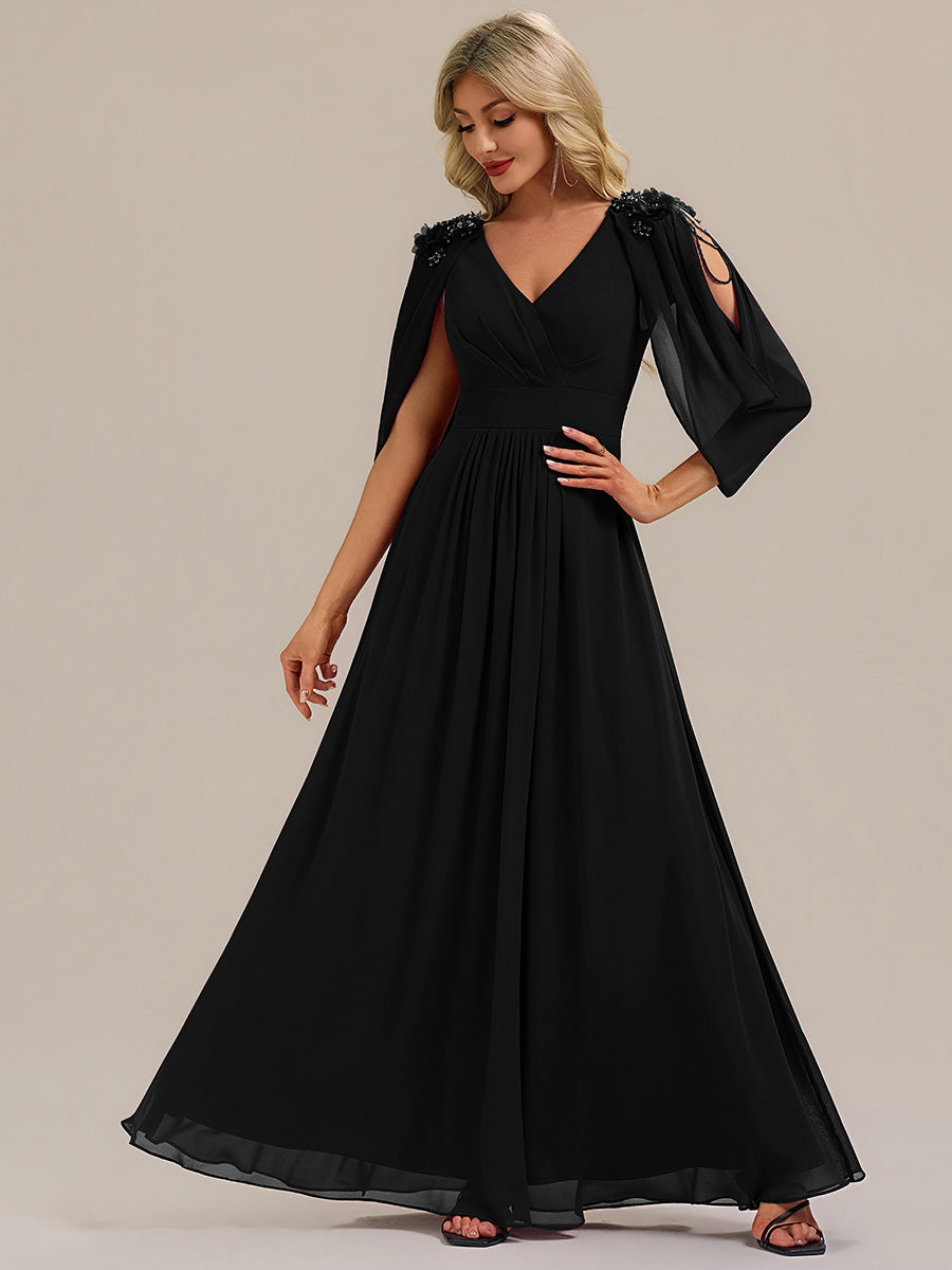 Floral Chiffon Shoulder-Drape Evening Dress #color_Black