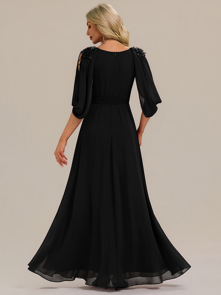 Floral Chiffon Shoulder-Drape Evening Dress #color_Black